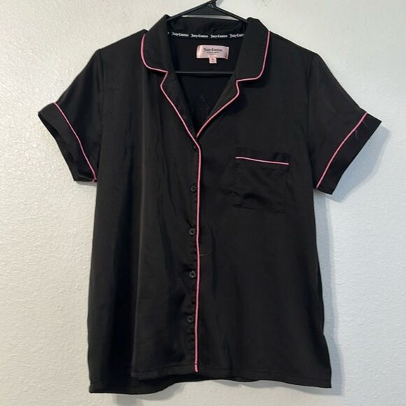Juicy Coutour Satin Silky Bling Spellout Logo Collar Pajama Shirt Womens XL 90s - Picture 2 of 9